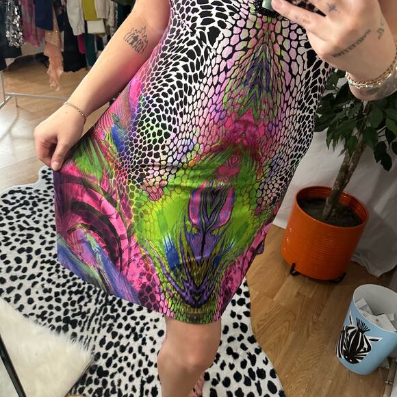 Y2k Vintage Beaded Mixed Print V-Neck Mini Dress Rainbow - Picture 5 of 5